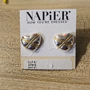 Vintage 80s 90s Napier Gold and Silver Heart screwback Earrings NWT
